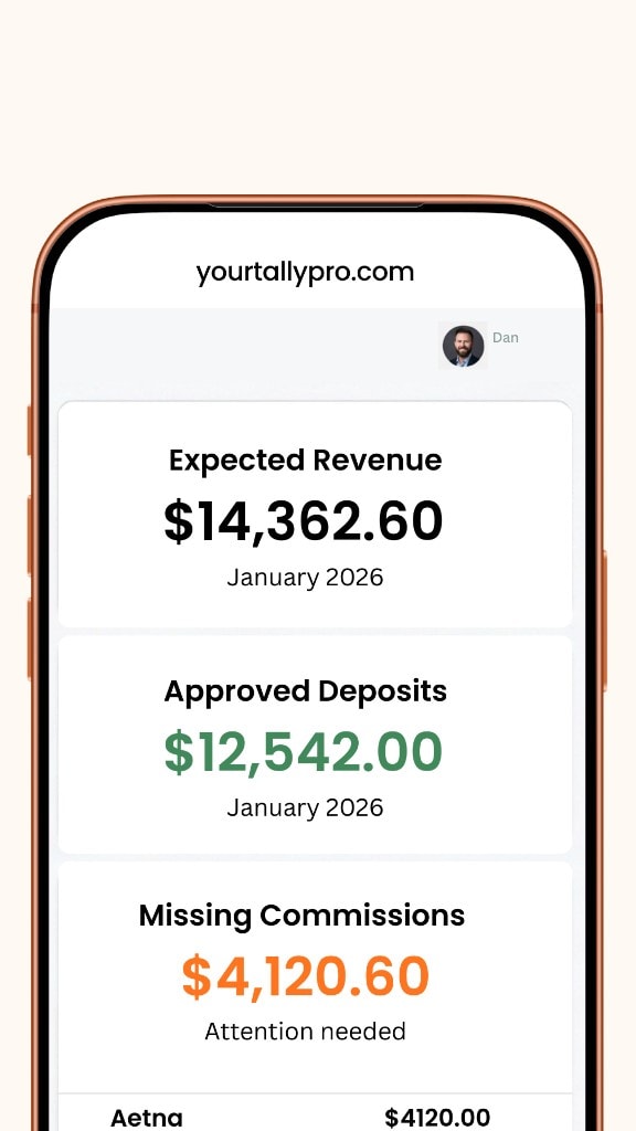 Tally app on phone: expected revenue, bank deposits, carrier statements